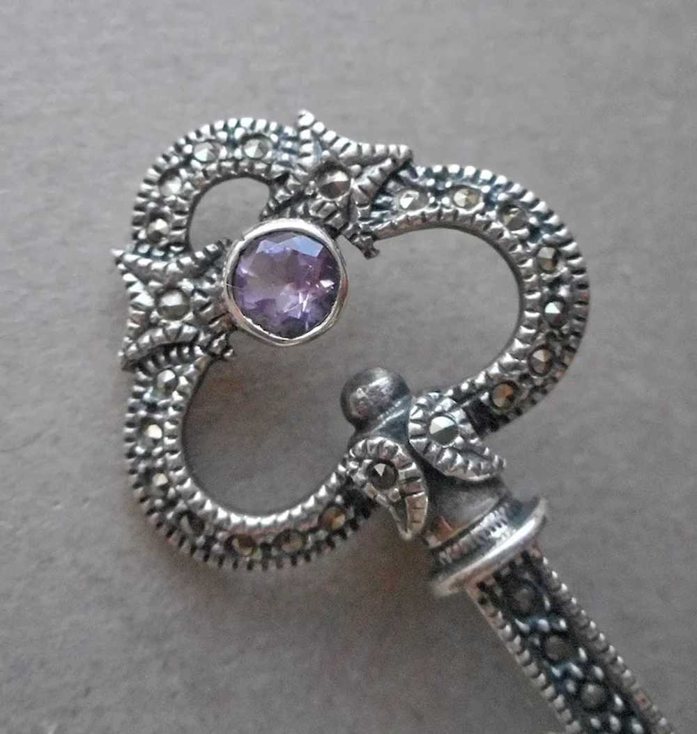 Sterling Silver Marcasite Hanging Watch Pin Heart… - image 2