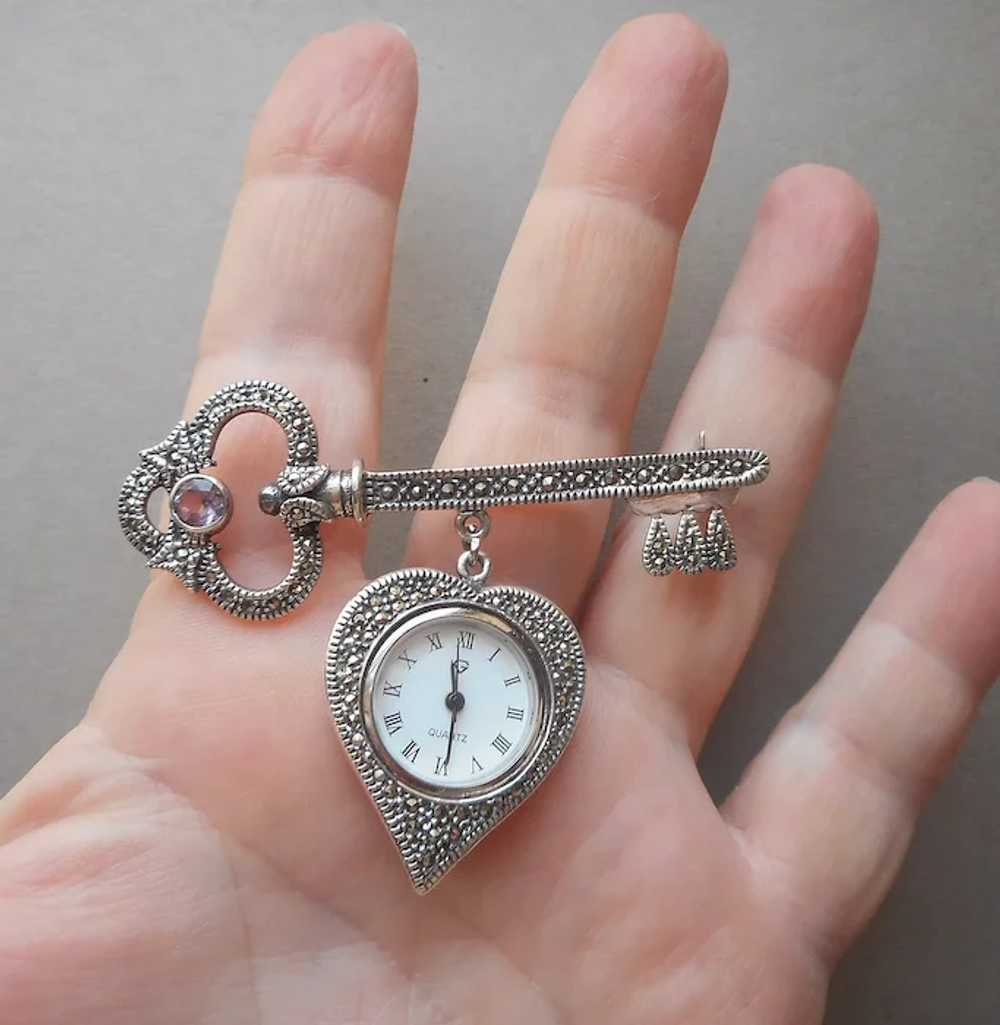 Sterling Silver Marcasite Hanging Watch Pin Heart… - image 8
