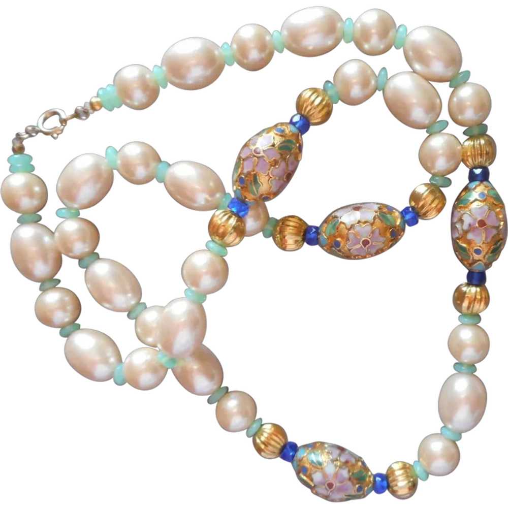 1980s Champleve Enamel Faux Pearls Beads Necklace… - image 1