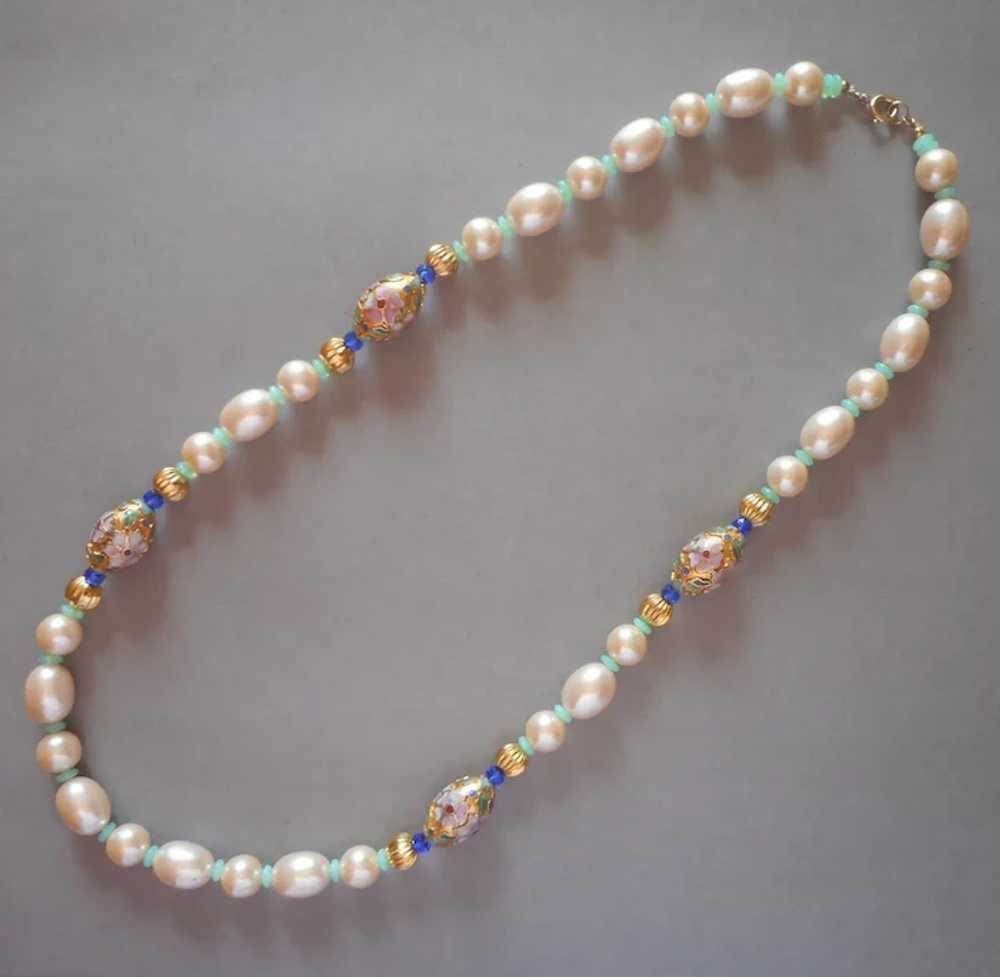 1980s Champleve Enamel Faux Pearls Beads Necklace… - image 2