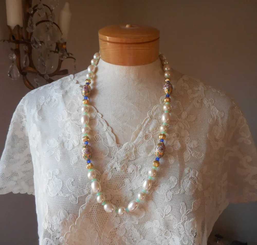 1980s Champleve Enamel Faux Pearls Beads Necklace… - image 3