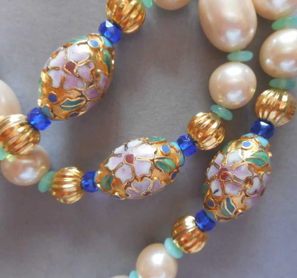 1980s Champleve Enamel Faux Pearls Beads Necklace… - image 5