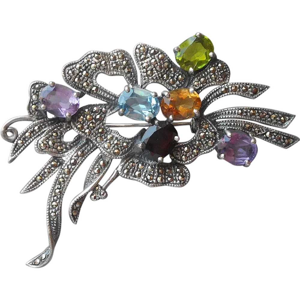 Sterling Silver Marcasite Gemstones Pin flower Ri… - image 1