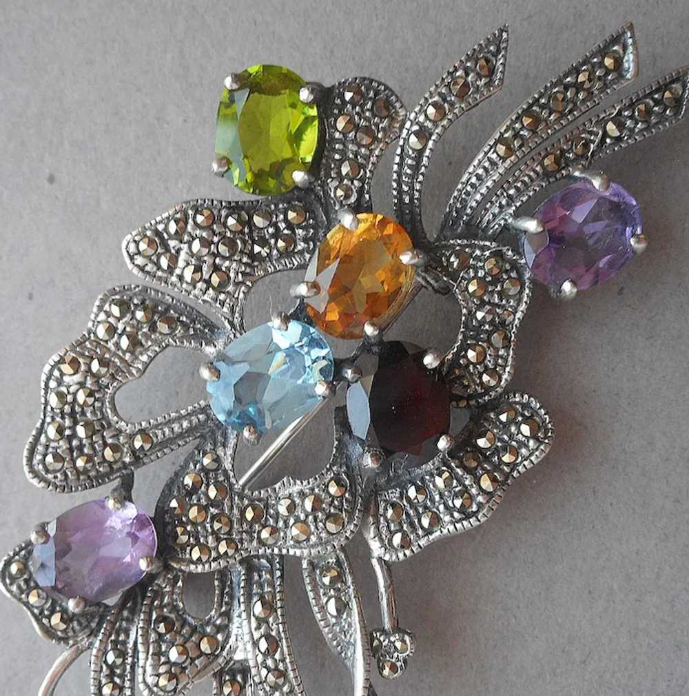 Sterling Silver Marcasite Gemstones Pin flower Ri… - image 2