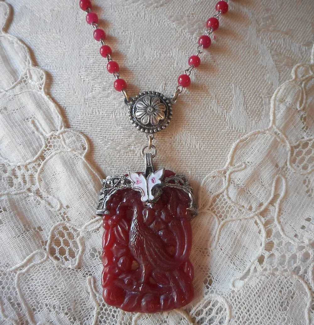 1920s Glass Enamel Filigree Pendant Necklace Anti… - image 5