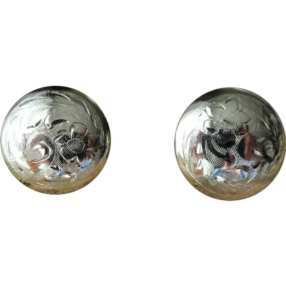 LOVELY Engraved Button Earrings,Silver Plate Flor… - image 1