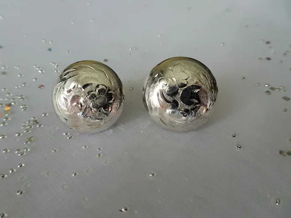 LOVELY Engraved Button Earrings,Silver Plate Flor… - image 2