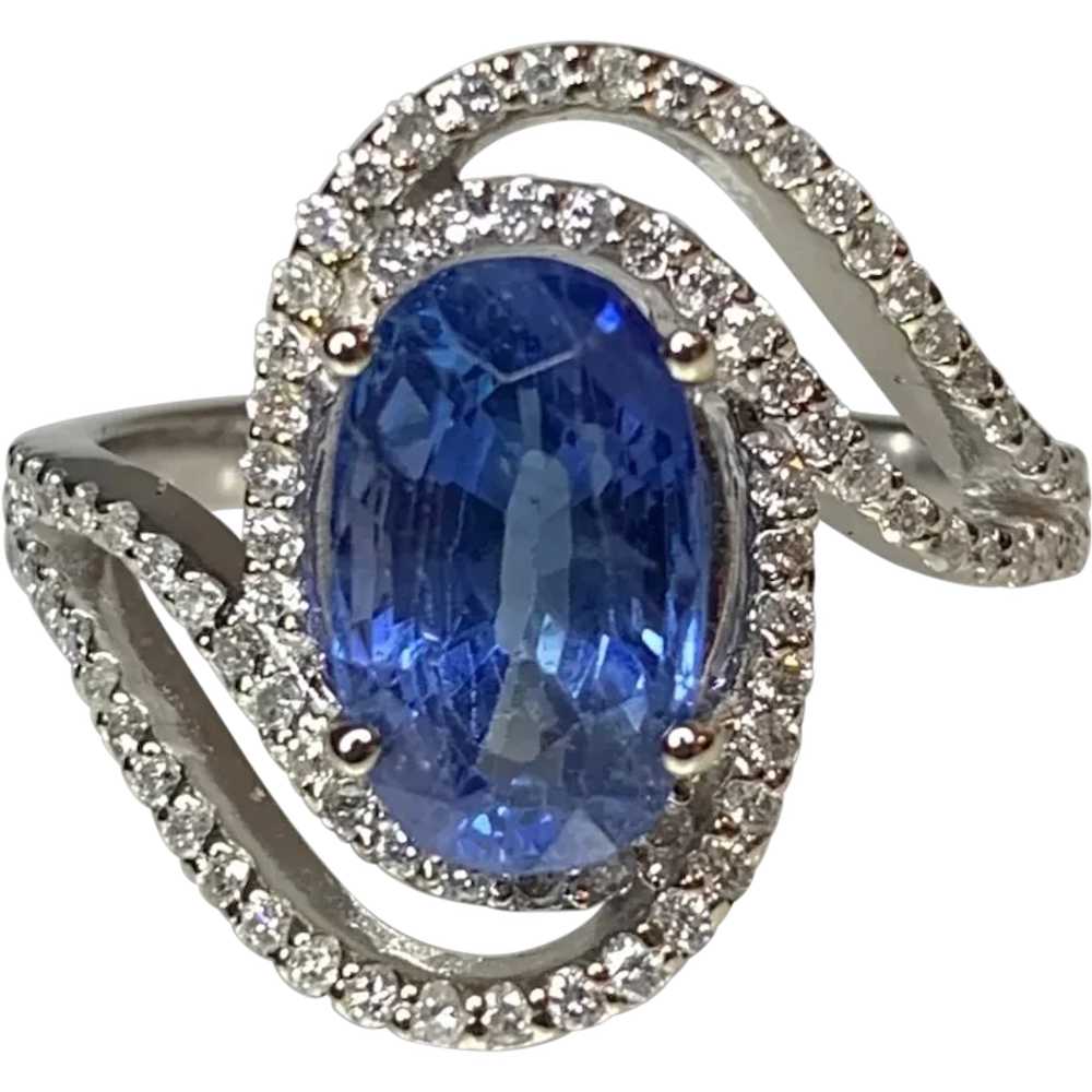 14K White Gold Oval Cut Blue Sapphire Diamond Ring - image 1