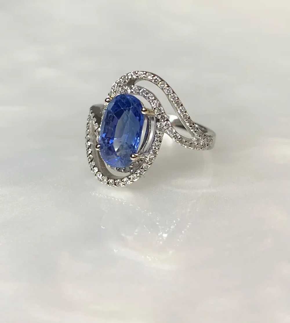 14K White Gold Oval Cut Blue Sapphire Diamond Ring - image 2