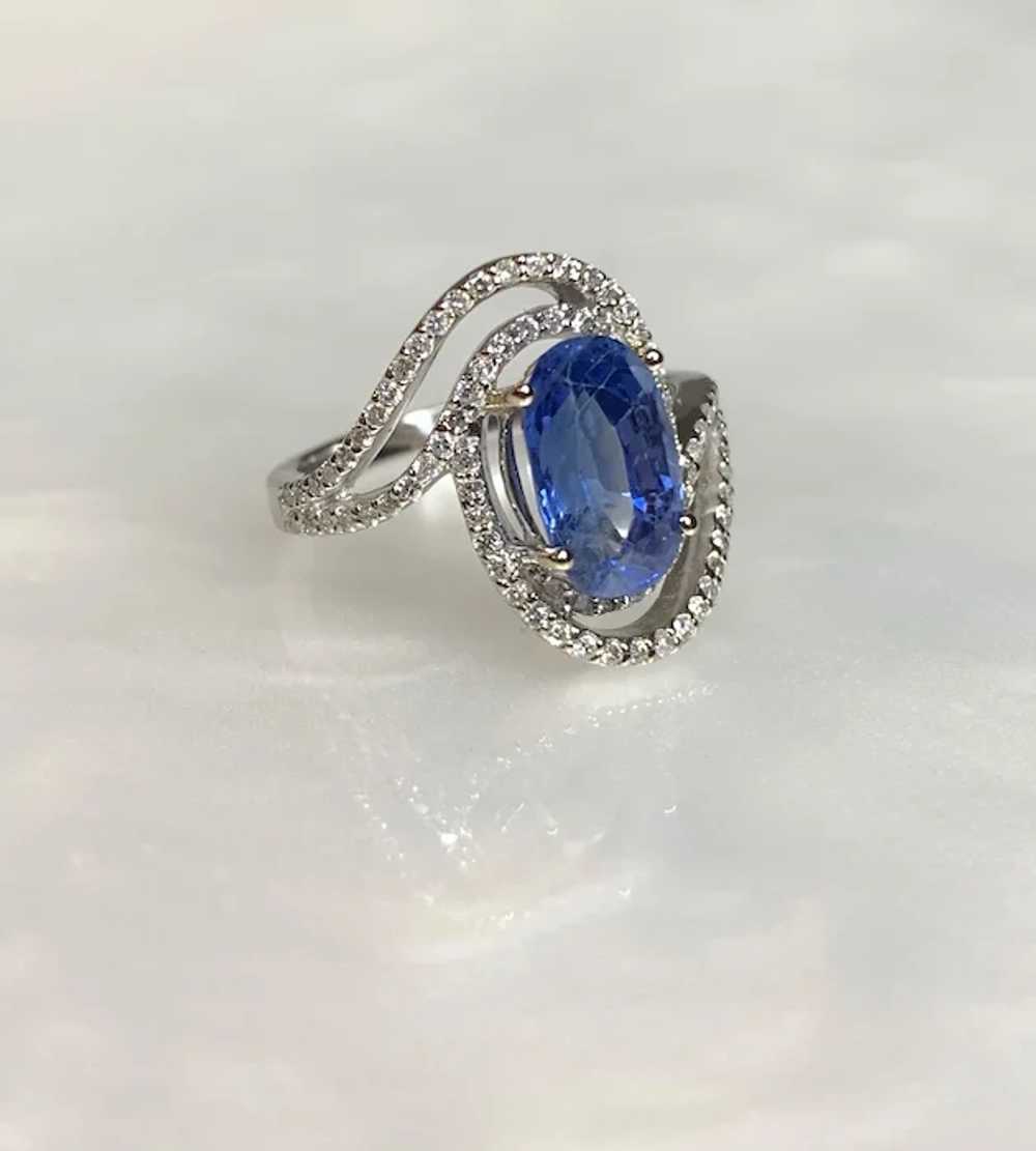 14K White Gold Oval Cut Blue Sapphire Diamond Ring - image 3