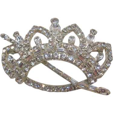 Vintage Large Clear Rhinestone Crown Brooch-Pin - image 1
