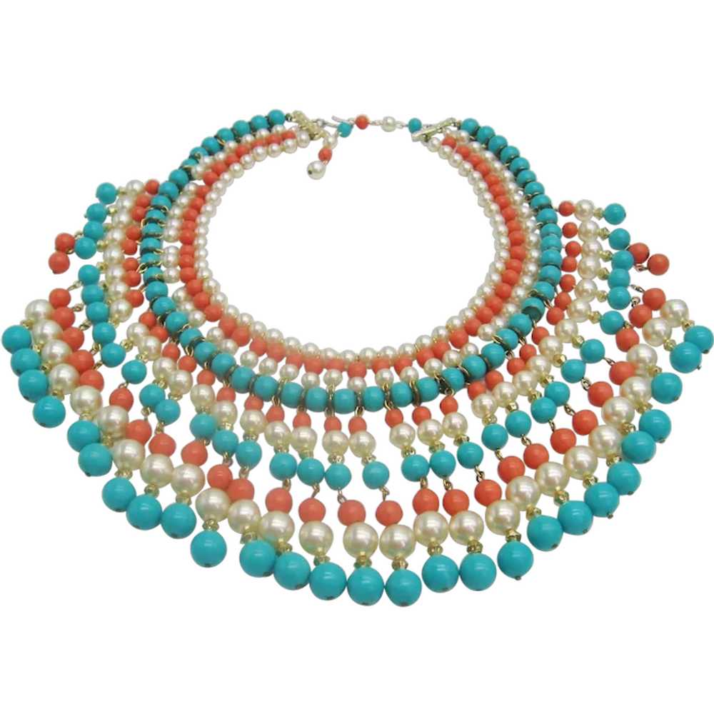 Vintage Simulated Pearl- Coral - Turquoise Bead a… - image 1
