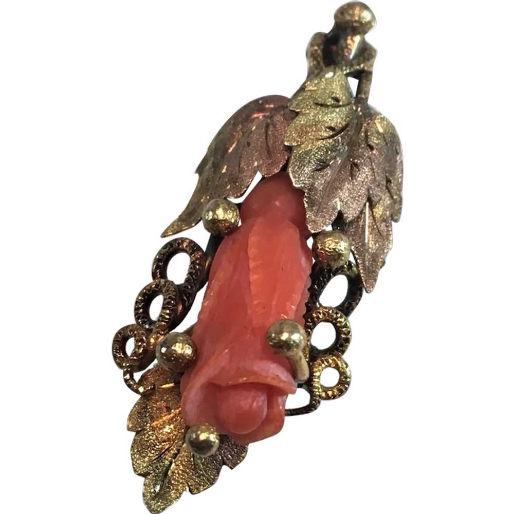 Victorian 14K Gold Salmon Coral Carved Rose Leave… - image 1