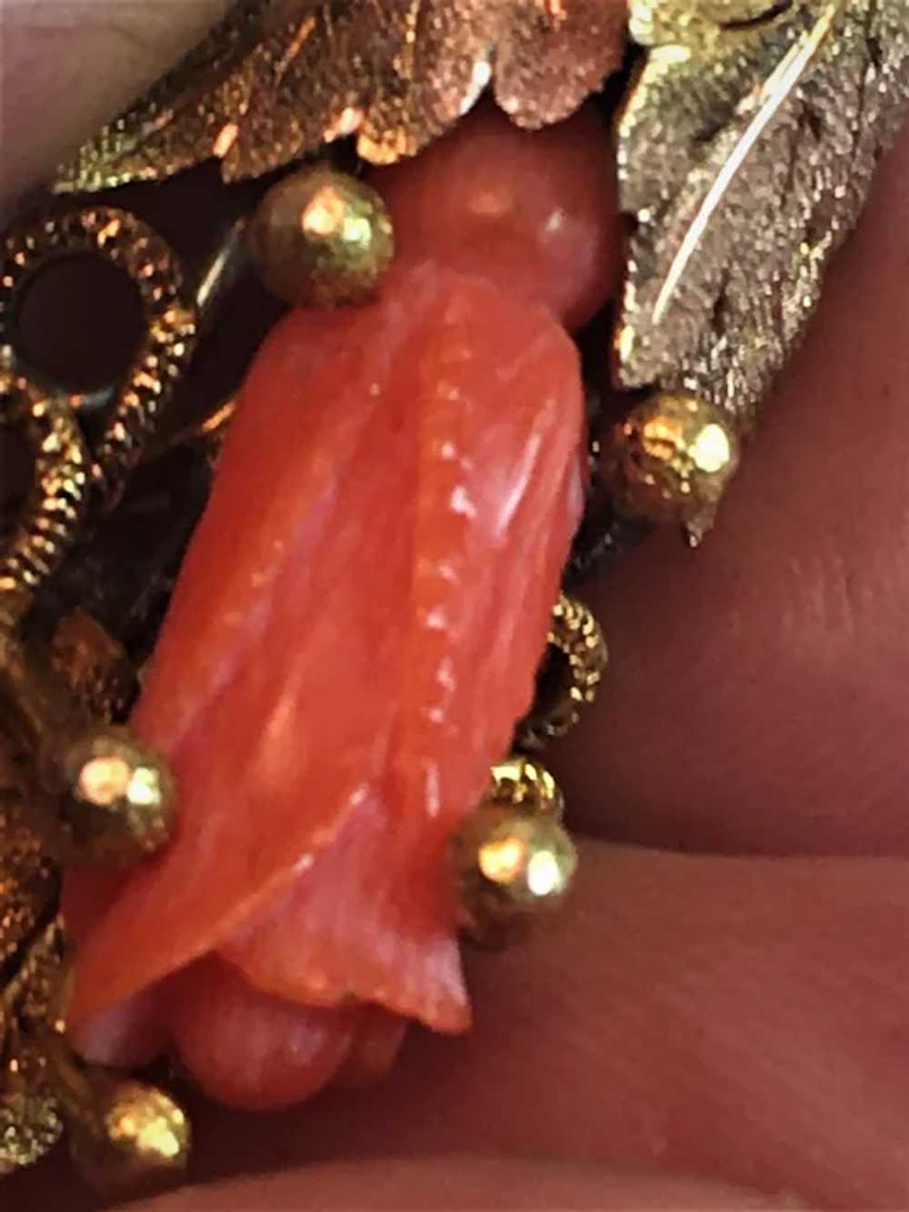 Victorian 14K Gold Salmon Coral Carved Rose Leave… - image 2