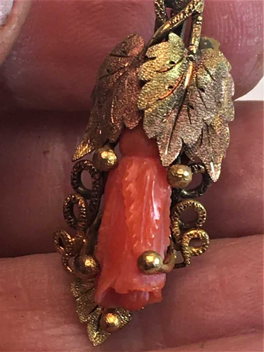 Victorian 14K Gold Salmon Coral Carved Rose Leave… - image 4