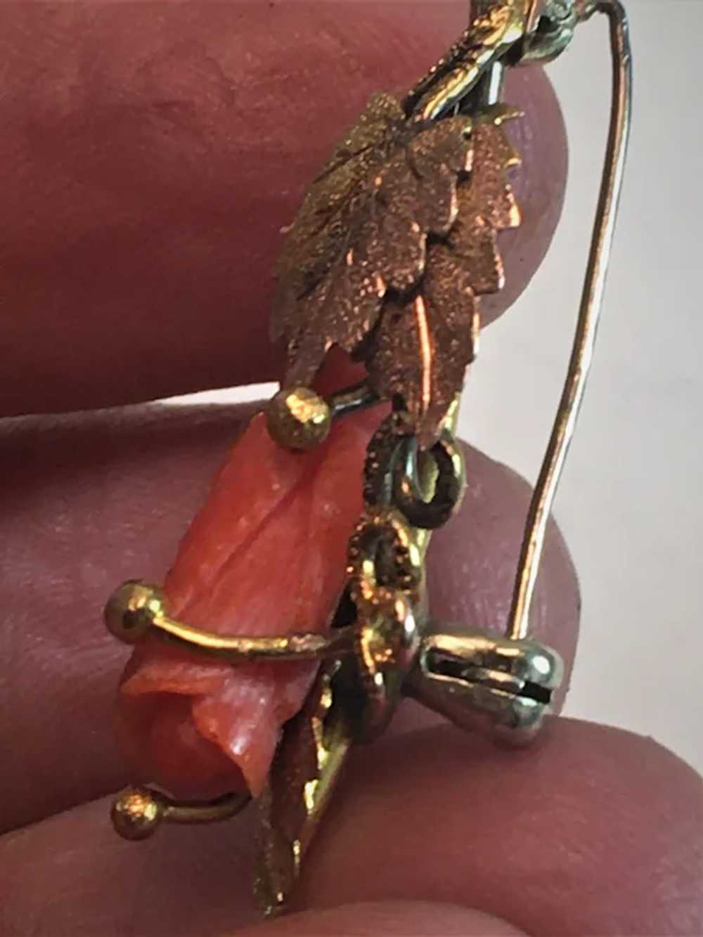 Victorian 14K Gold Salmon Coral Carved Rose Leave… - image 5