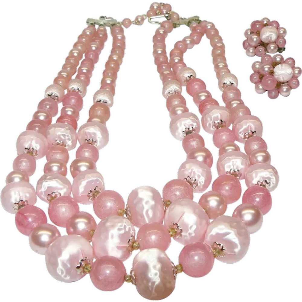 Pink Beaded Lucite Necklace and Earrings - image 1