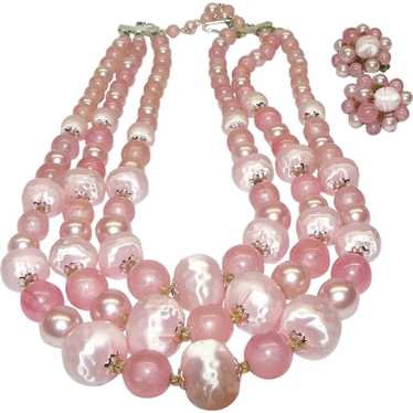 Pink Beaded Lucite Necklace and Earrings - image 1