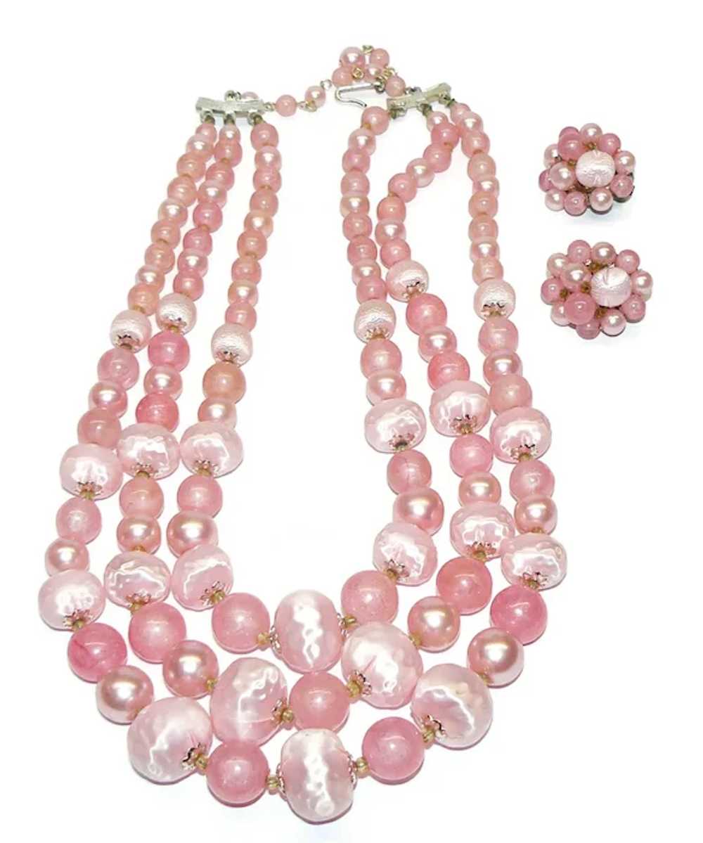 Pink Beaded Lucite Necklace and Earrings - image 3