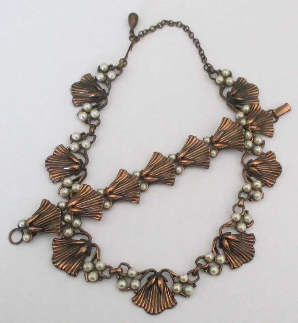 Vintage Copper Tone Faux Pearl Blossom Link Neckl… - image 2