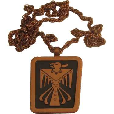 Large Vintage Copper Thunderbird Pendant and Chain - image 1