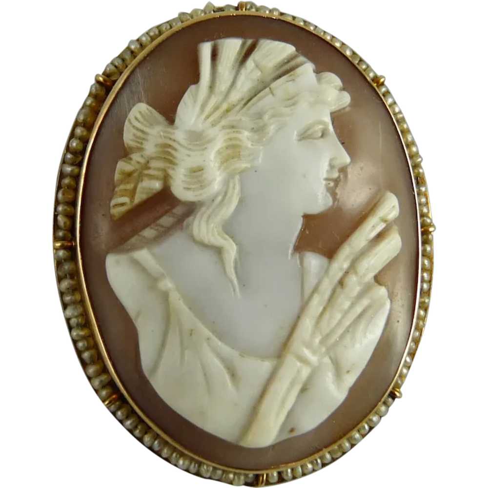 Antique Cameo Seed Pearls and 10K Gold - image 1