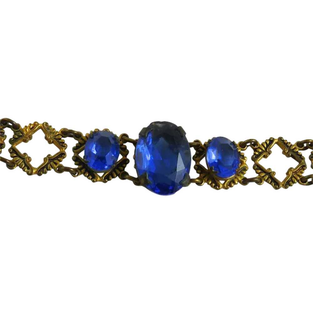 Vintage Art Deco Link Bracelet with Faceted Blue … - image 1