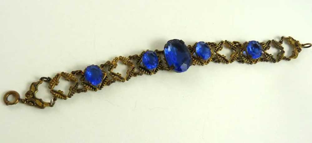 Vintage Art Deco Link Bracelet with Faceted Blue … - image 2