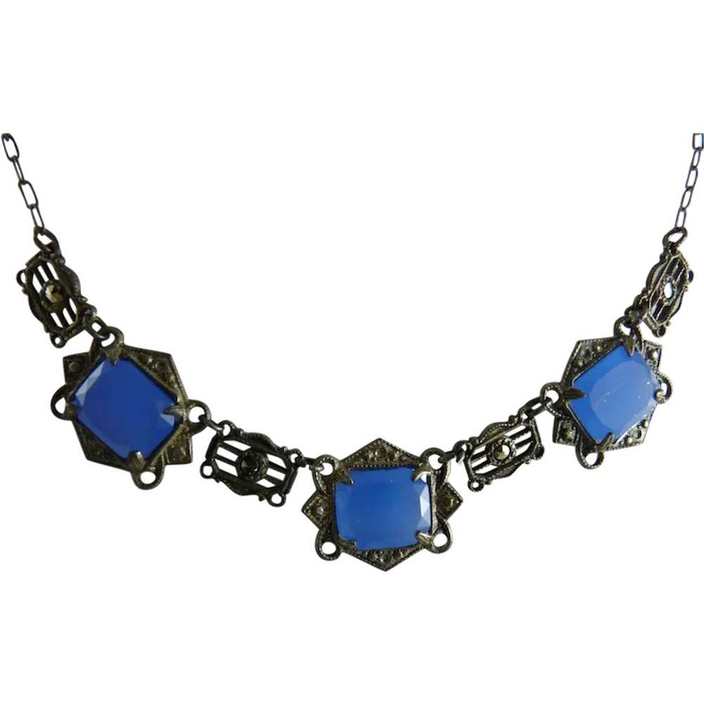 Vintage Art Deco Necklace with Blue Faux Chalcedo… - image 1