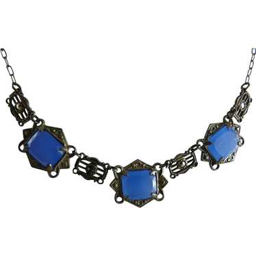 Vintage Art Deco Necklace with Blue Faux Chalcedo… - image 1