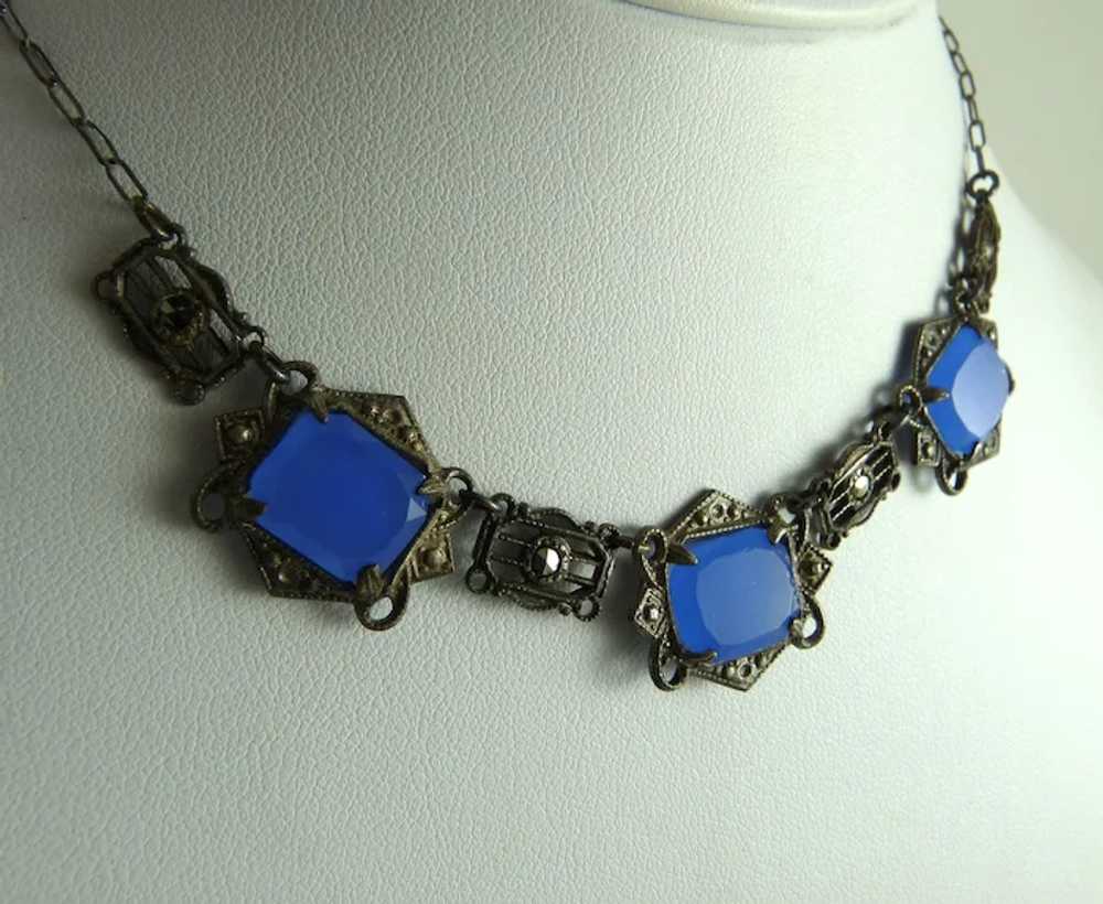 Vintage Art Deco Necklace with Blue Faux Chalcedo… - image 2