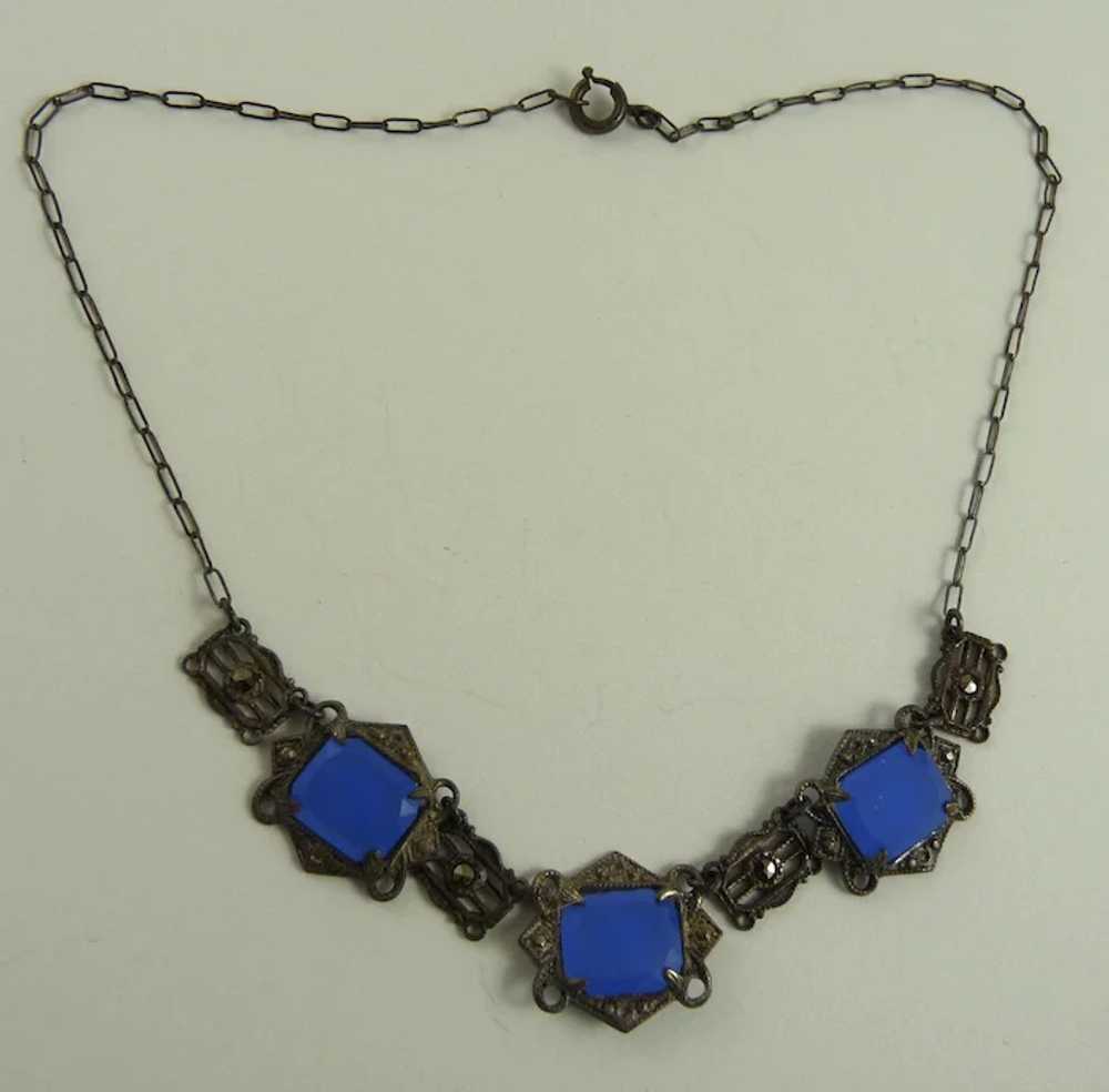 Vintage Art Deco Necklace with Blue Faux Chalcedo… - image 3