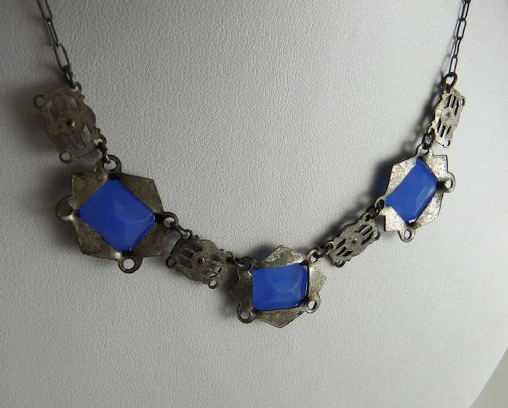 Vintage Art Deco Necklace with Blue Faux Chalcedo… - image 4