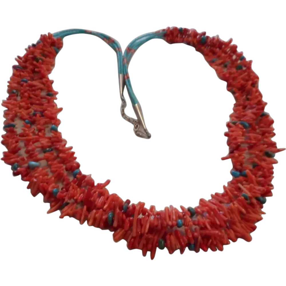 Sterling Silver Coral Turquoise Vintage Necklace - image 1