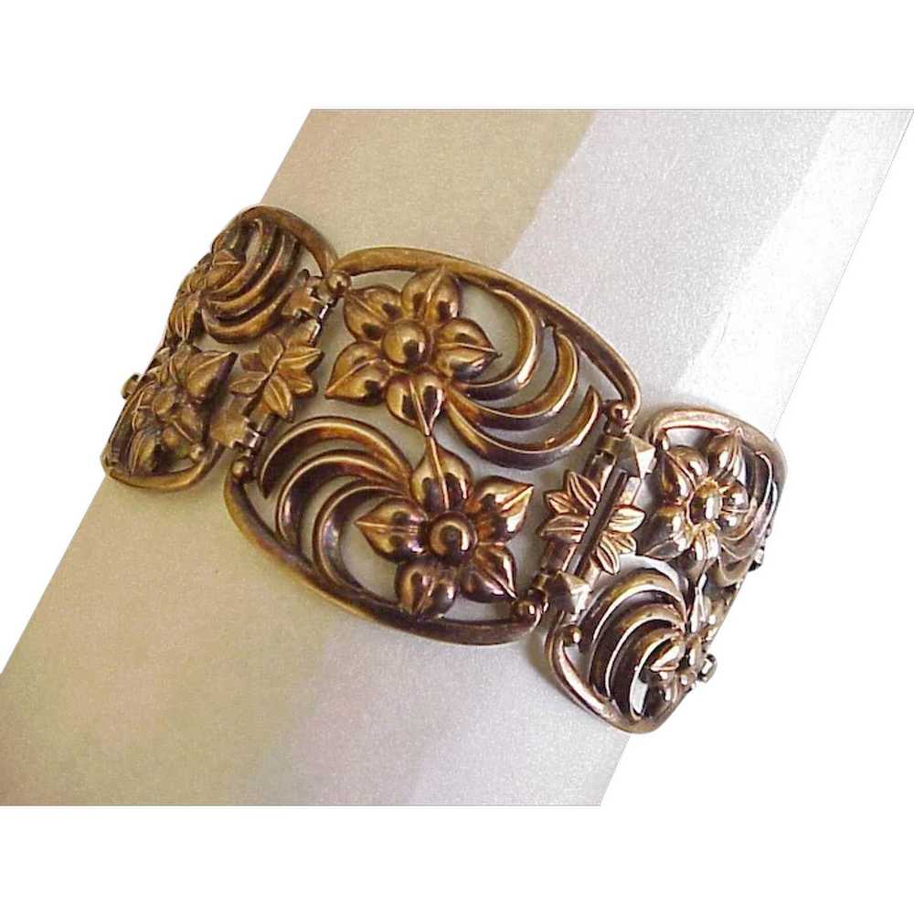 Wide Floral Panel Bracelet 14K Gold Sterling Silv… - image 1
