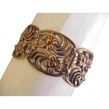 Wide Floral Panel Bracelet 14K Gold Sterling Silv… - image 1