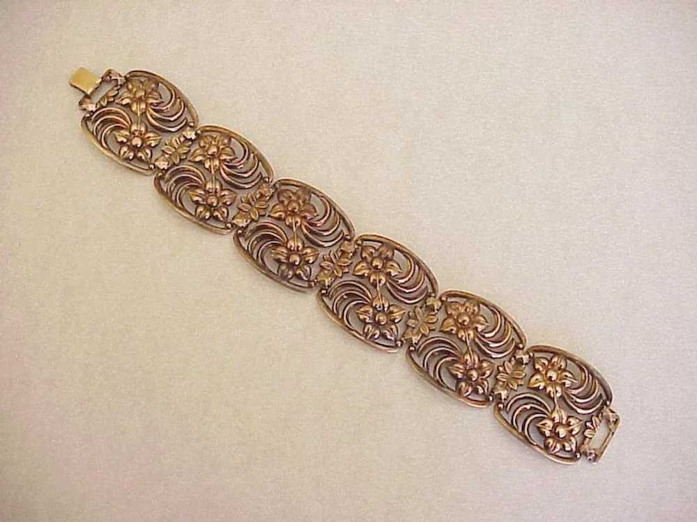 Wide Floral Panel Bracelet 14K Gold Sterling Silv… - image 2