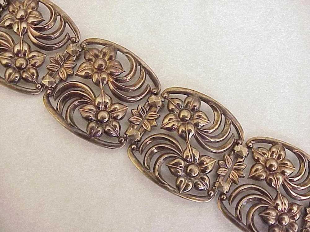 Wide Floral Panel Bracelet 14K Gold Sterling Silv… - image 3