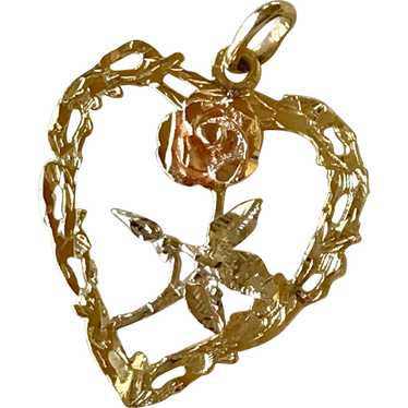 Big Heart & Rose Charm/Pendant Tri-Color 14K Gold