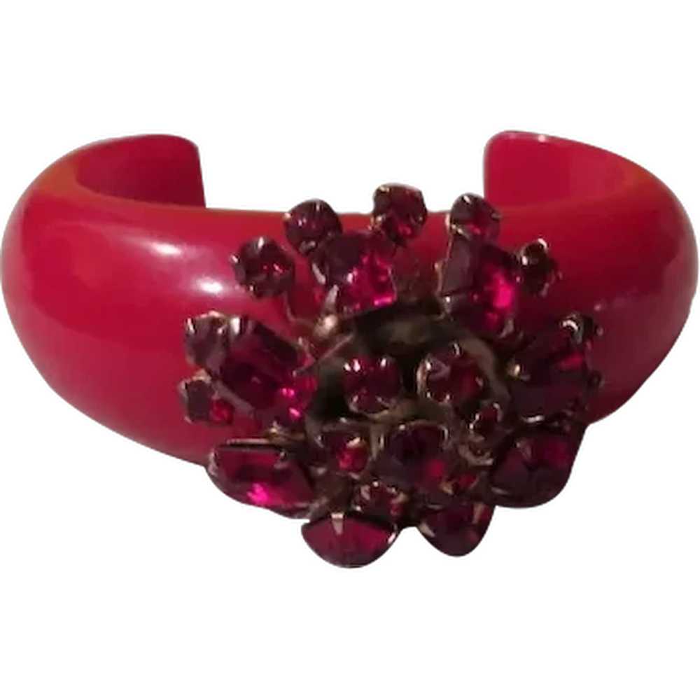 Really Red Bakelite with Red Rhinestone Cuff Brac… - image 1