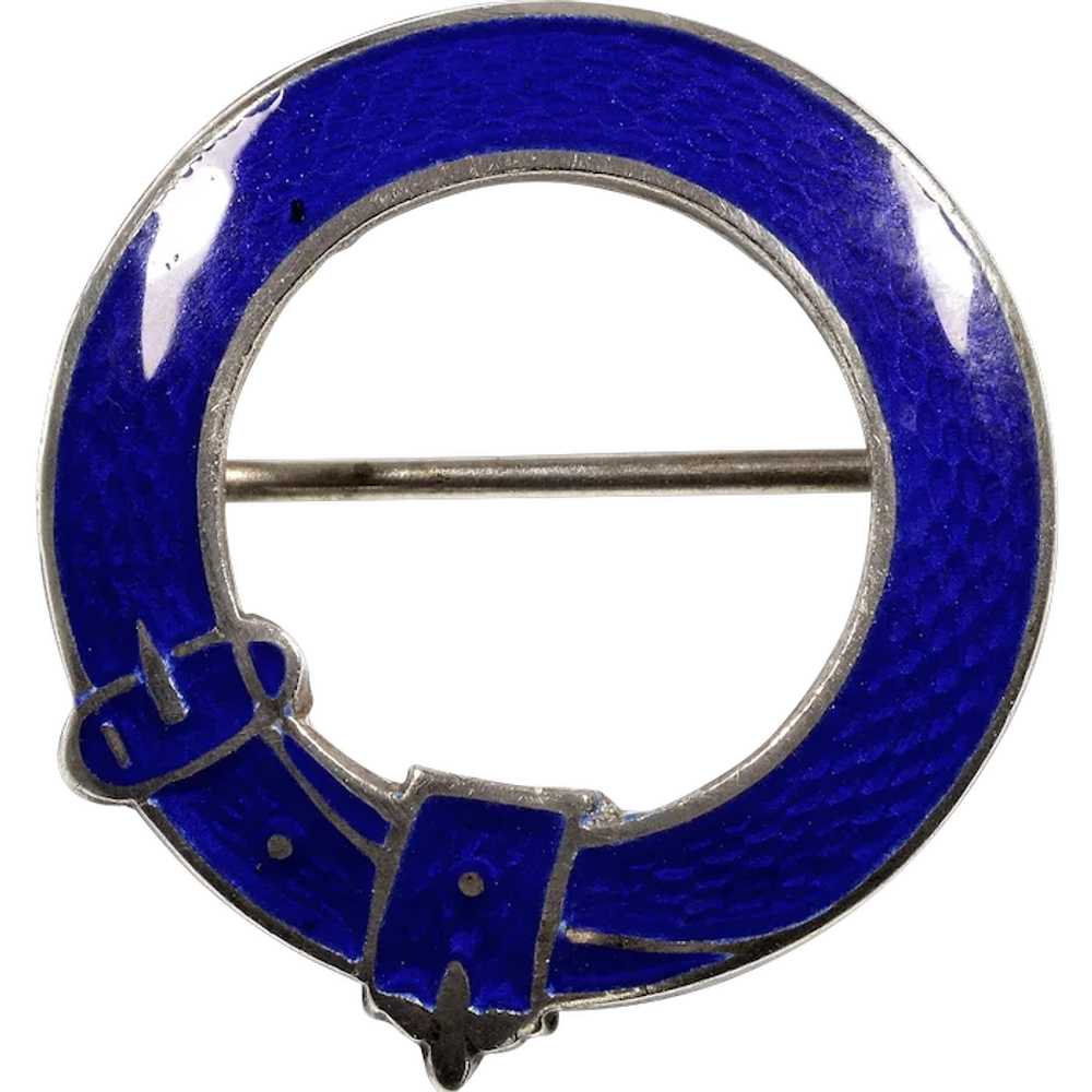 Royal Blue Guilloche Enamel Sterling Garter Buckl… - image 1