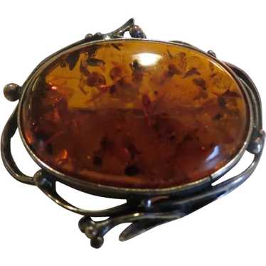 Vintage Sterling Silver and Amber Brooch - image 1