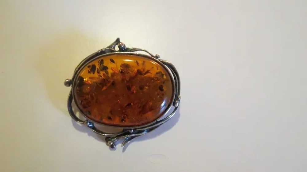 Vintage Sterling Silver and Amber Brooch - image 2