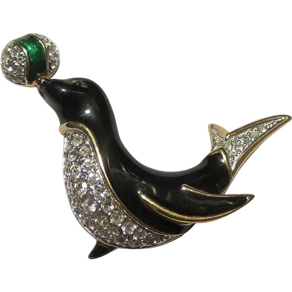 Vintage Carol lee Penguin rhinestone enamel brooch - image 1