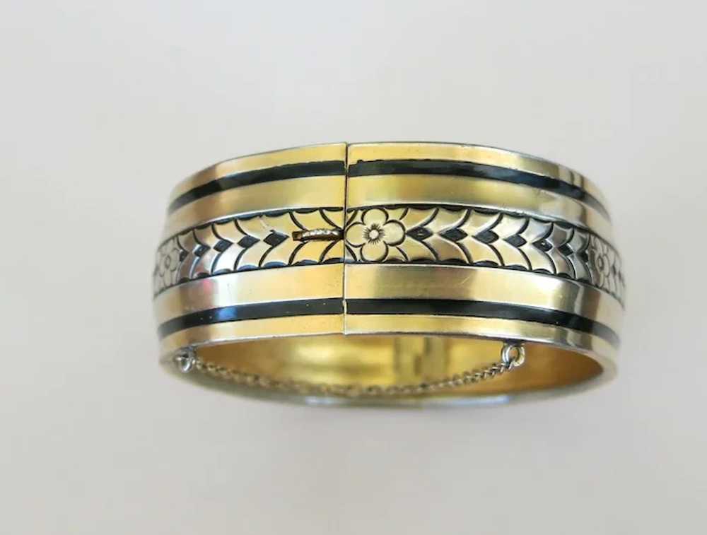 VINTAGE Gold Tone Metal Bangle Bracelet with Blac… - image 3