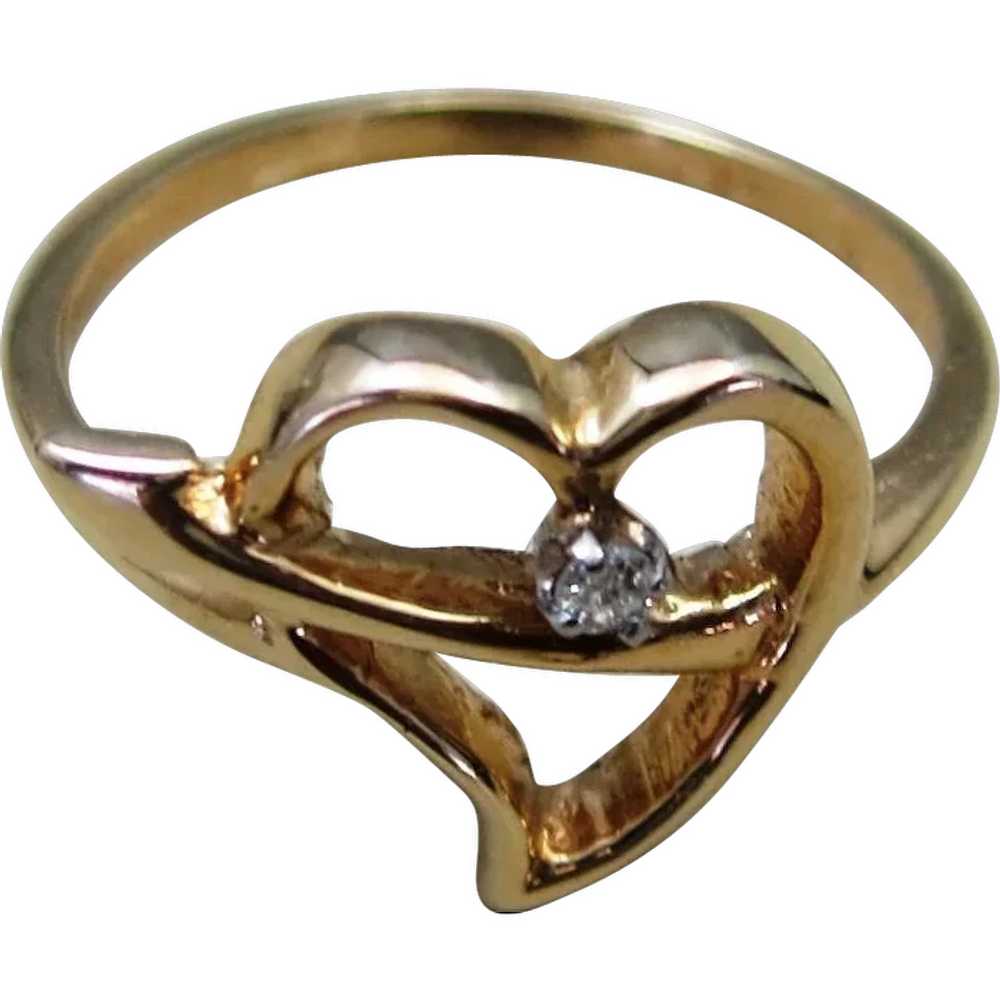 VINTAGE Girls 10K Yellow Gold Ring  Heart and Dia… - image 1