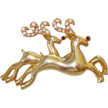 Double Reindeer Rhinestone Goldtone Christmas Bro… - image 1