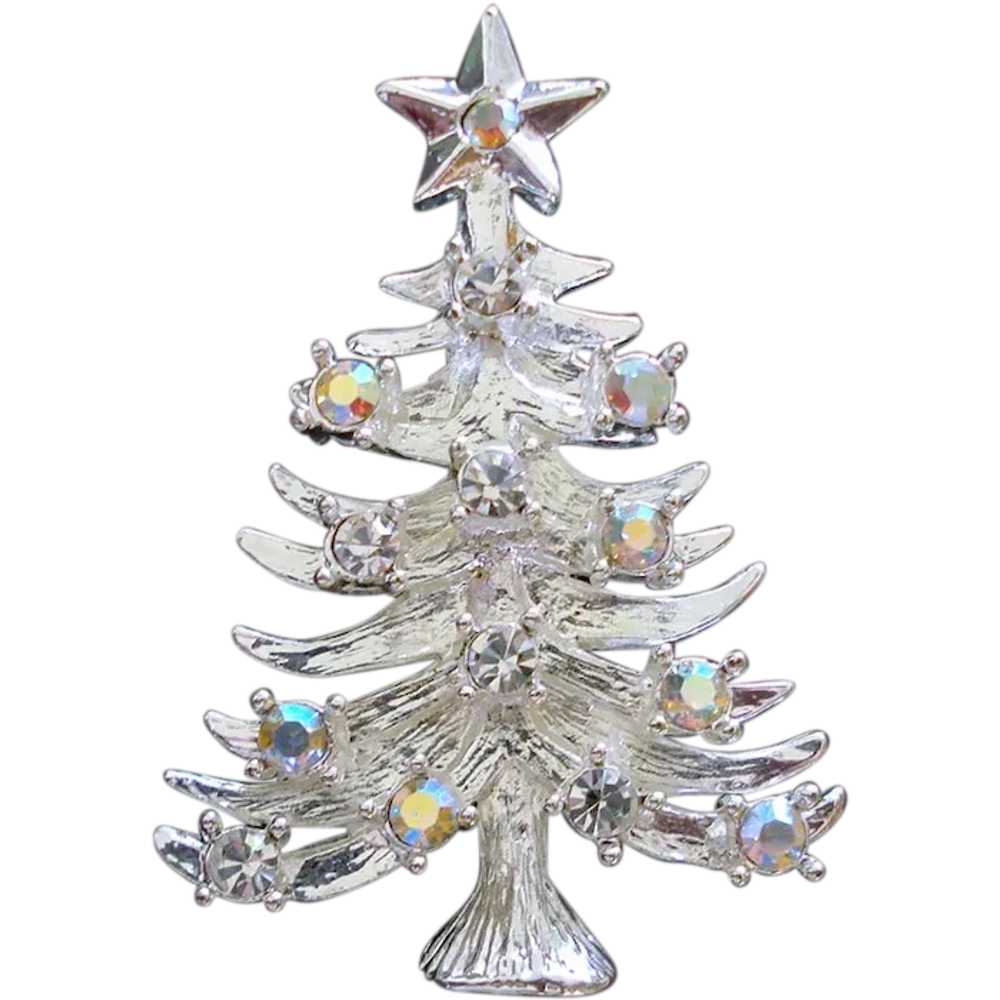 Aurora Rhinestone Silvertone Christmas Tree Pin B… - image 1