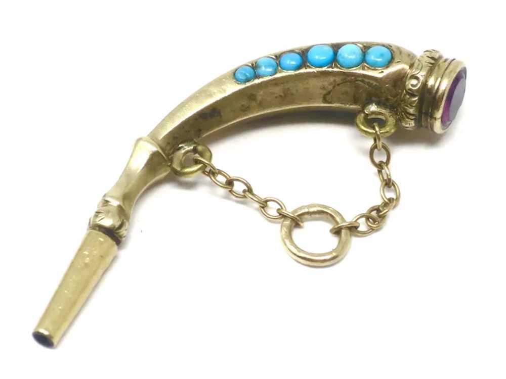 9ct Gold Cased Horn Claw Shape Turquoises & Ameth… - image 5