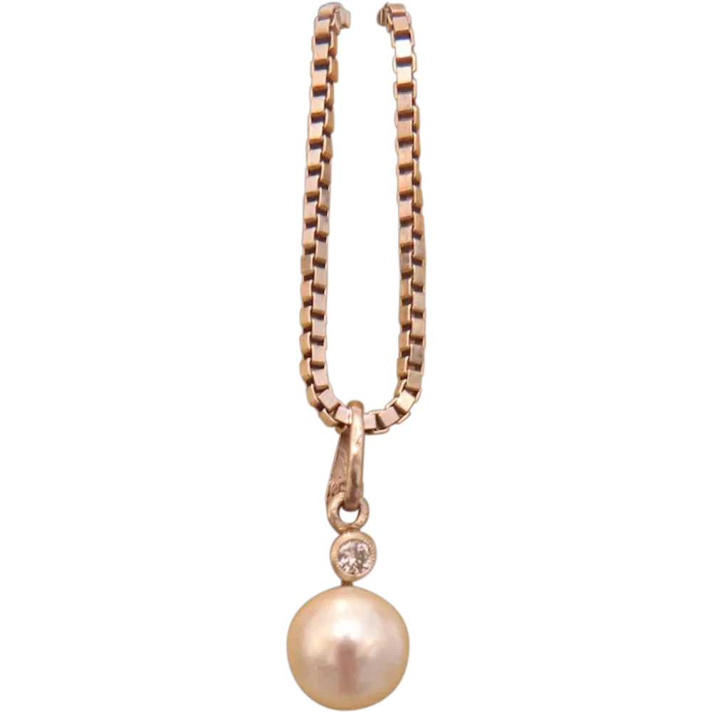 Vintage Diamond and pearl pendant, 14K white gold… - image 1